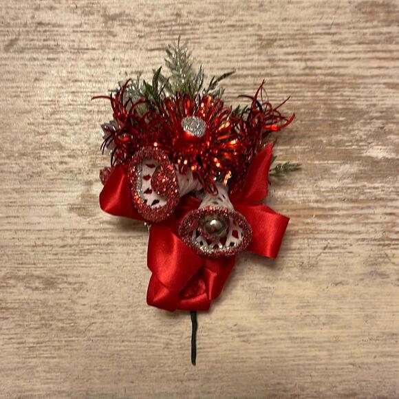 Vintage Red Silver Christening Corsage Brooch Mercury Glass Flowers and Bells - Picture 1 of 6